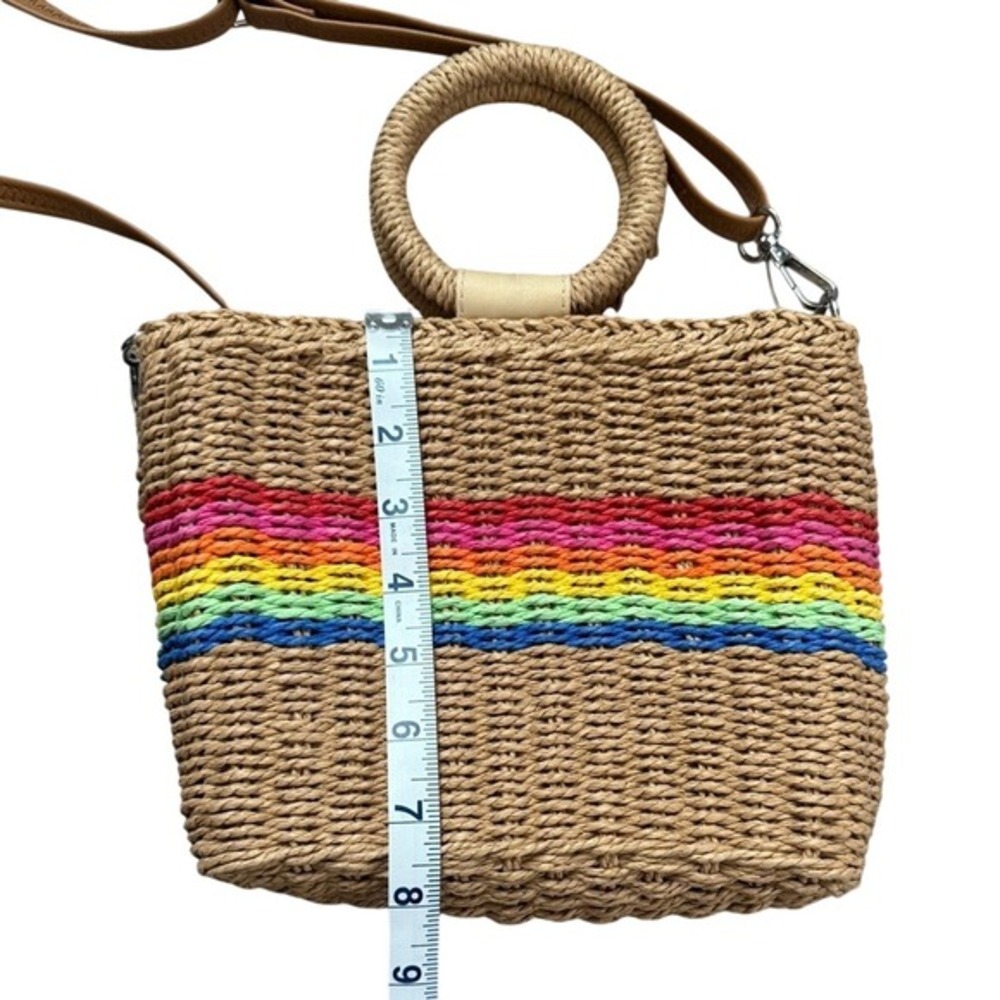 NWOT Colorful Striped Straw Woven Tote Bag Rainbow Coastal Euro Summer - Picture 5 of 6
